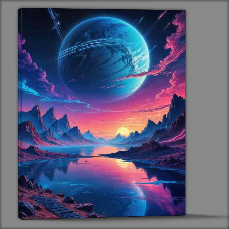 Buy Canvas : (Cyberpunk a large blue planet with stripes)