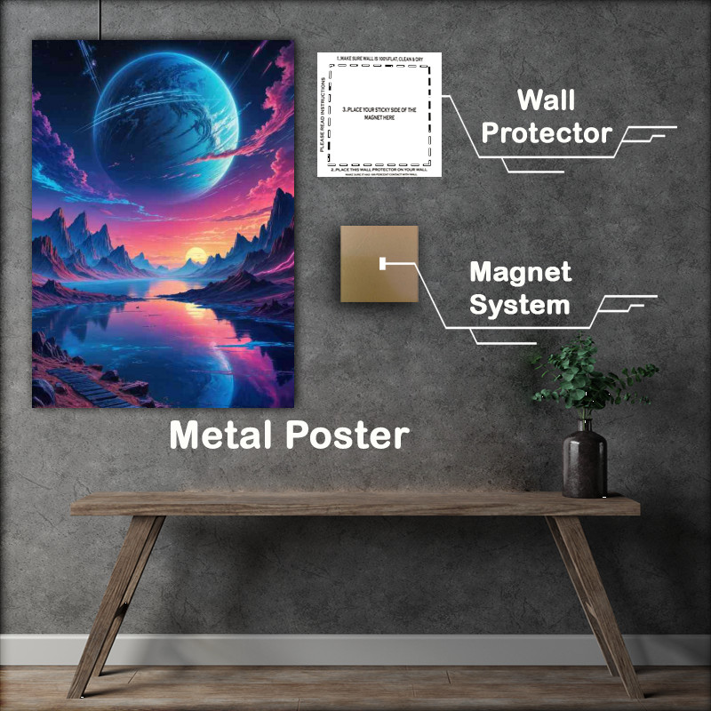 Buy Metal Poster : (Cyberpunk a large blue planet with stripes)