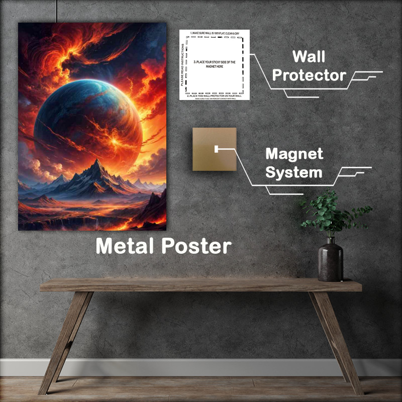 Buy Metal Poster : (Glowing red planet with full mountain range)