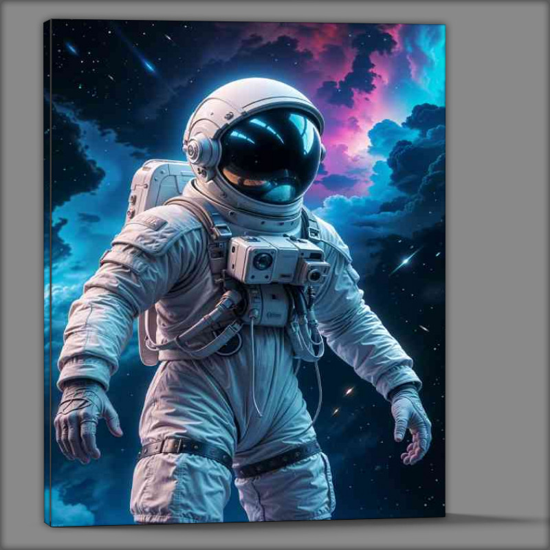 Buy Canvas : (Male astronaut in a white spacesuit floating in space cosmic clouds)