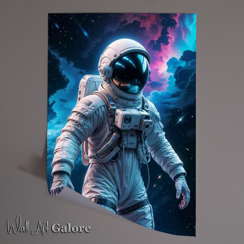 Buy Unframed Poster : (Male astronaut in a white spacesuit floating in space cosmic clouds)