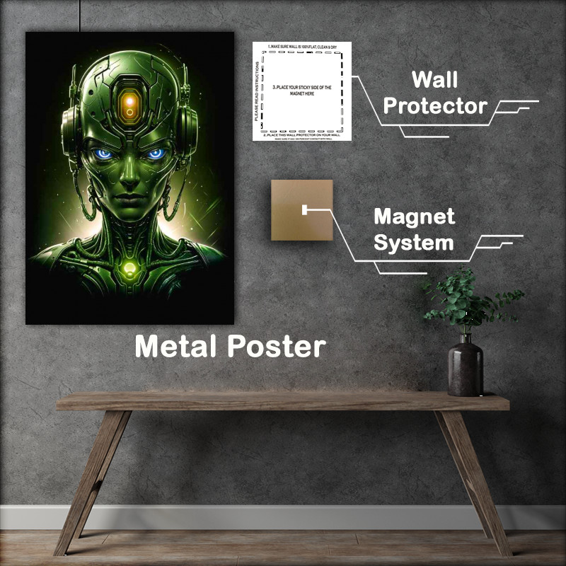 Buy Metal Poster : (Cyberpunk robot head in neon green)