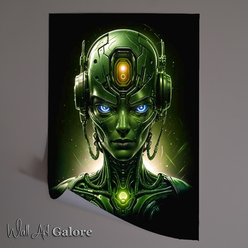 Buy Unframed Poster : (Cyberpunk robot head in neon green)