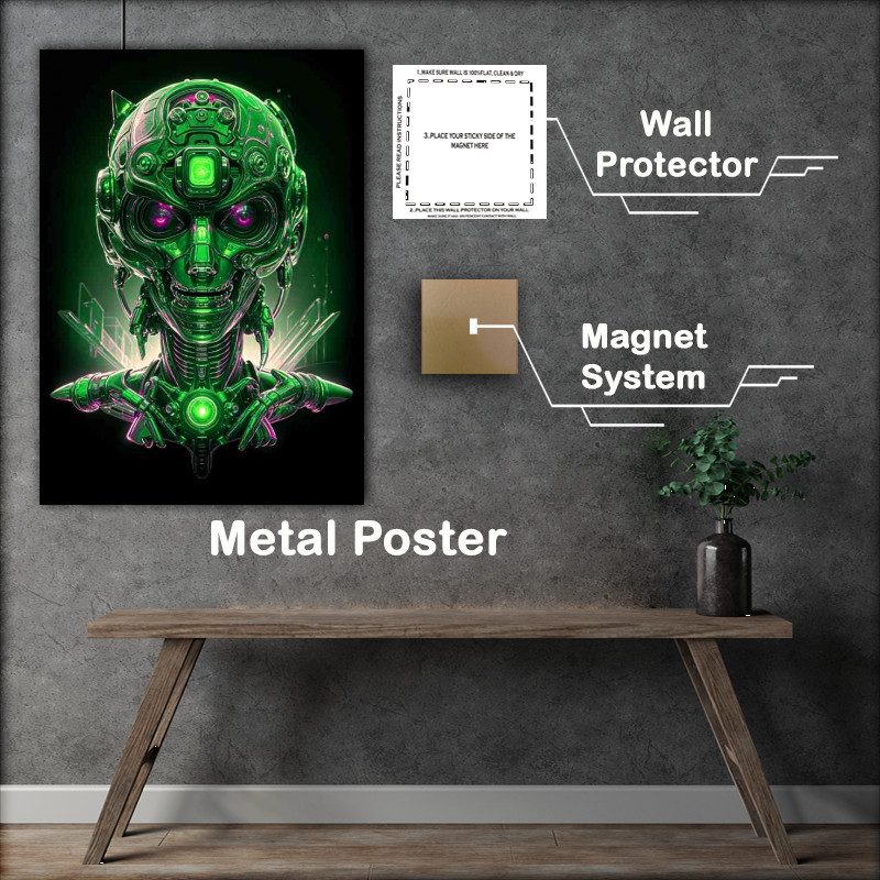 Buy Metal Poster : (Cyberpunk robot head neon green)