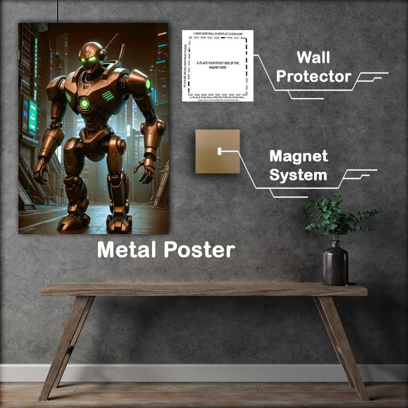 Buy Metal Poster : (Cyberpunk robot in neon futuristic)