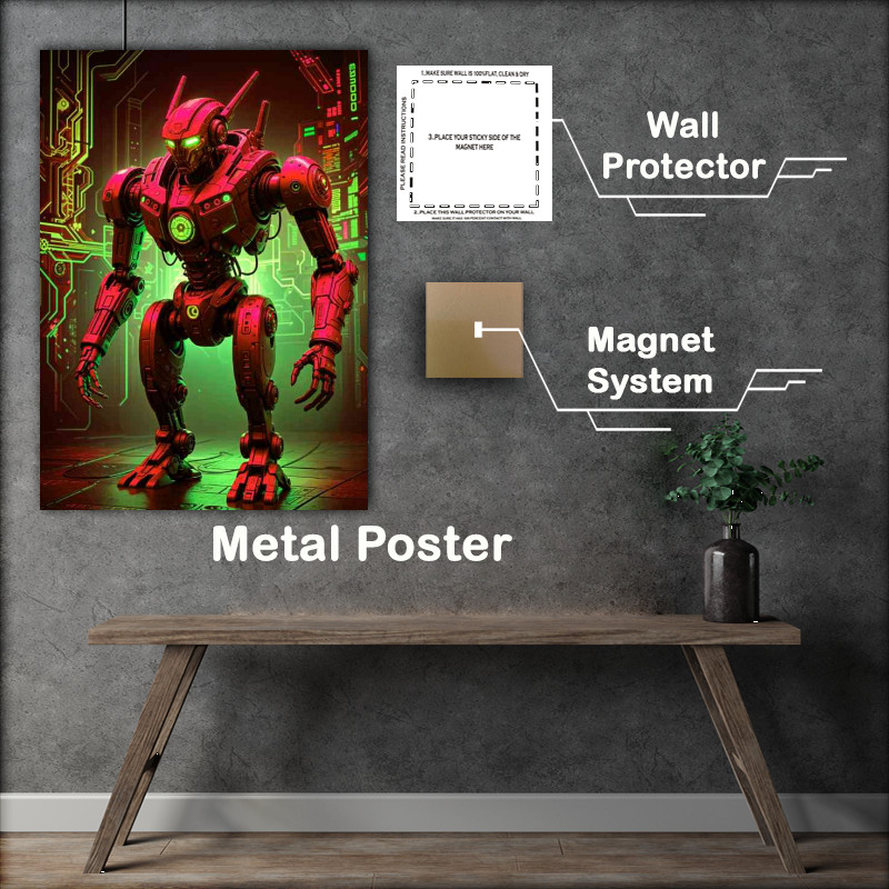 Buy Metal Poster : (Cyberpunk robot in neon green and red)