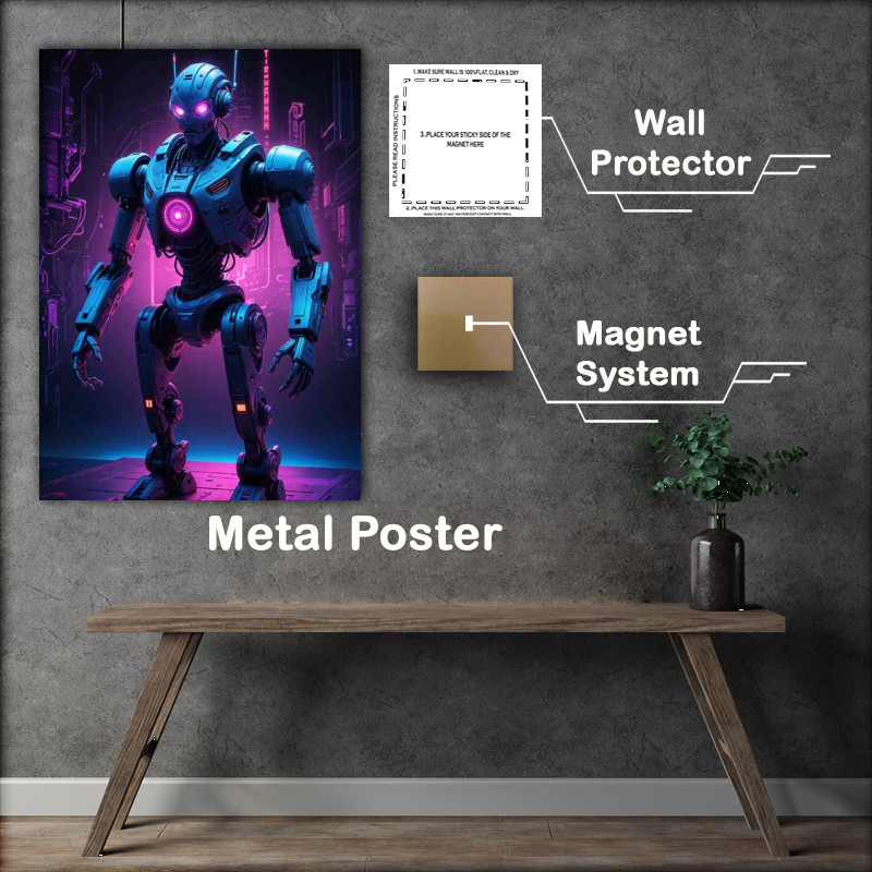 Buy Metal Poster : (Cyberpunk robot in neon purple)