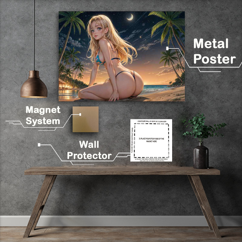 Buy Metal Poster : (Animae girl at night on the sea front)