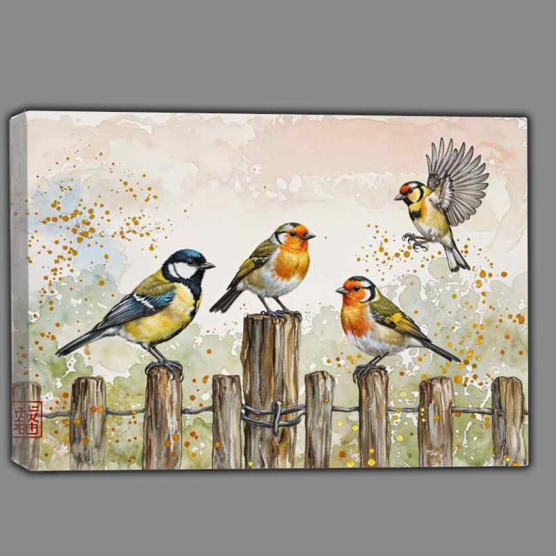 Buy Canvas : (Blue tit robin and great tit on the post)