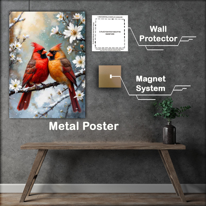 Buy Metal Poster : (Two cardinals perched closely together on a branch)