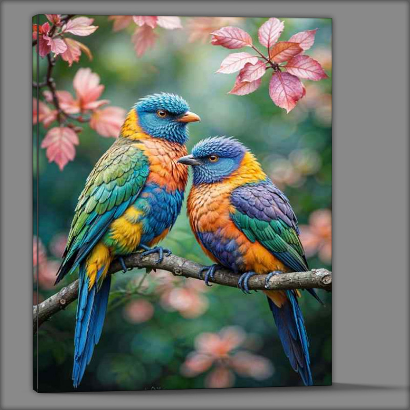Buy Canvas : (Two love birds perched closely together on a branch)