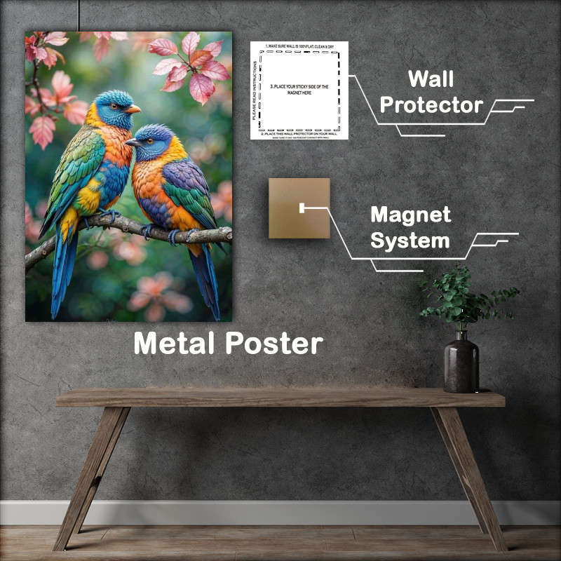 Buy Metal Poster : (Two love birds perched closely together on a branch)