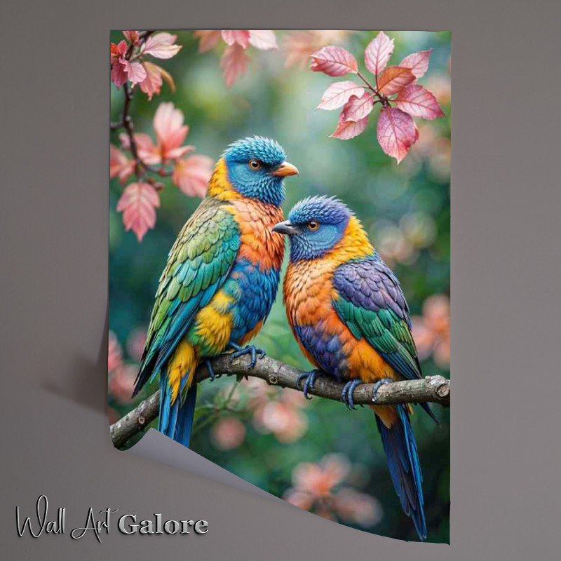 Buy Unframed Poster : (Two love birds perched closely together on a branch)