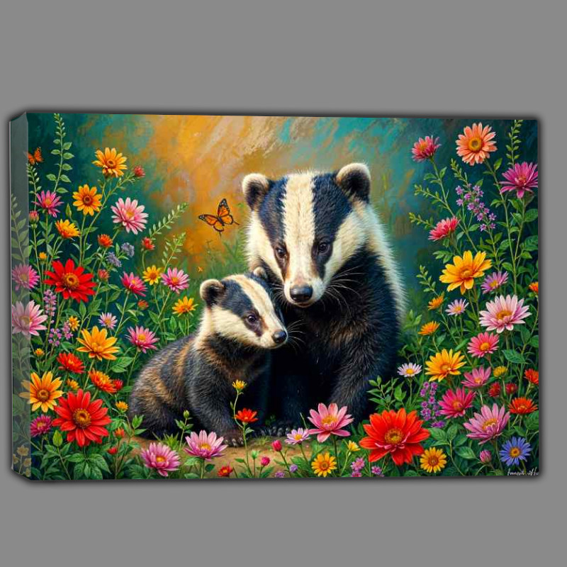 Buy Canvas : (Badger and the cub surrounded by flowers)