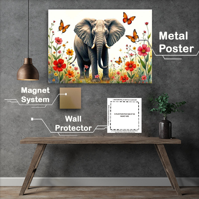 Buy Metal Poster : (Elephant surrounded by flowers)