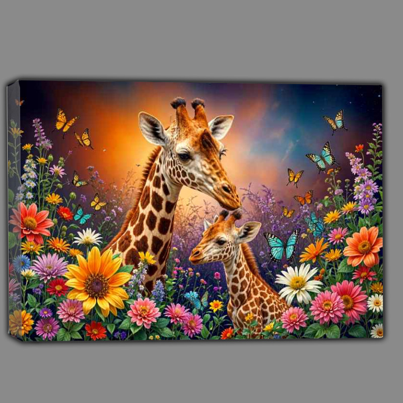Buy Canvas : (Giraffe and the little giraffe surrounded by flowers)