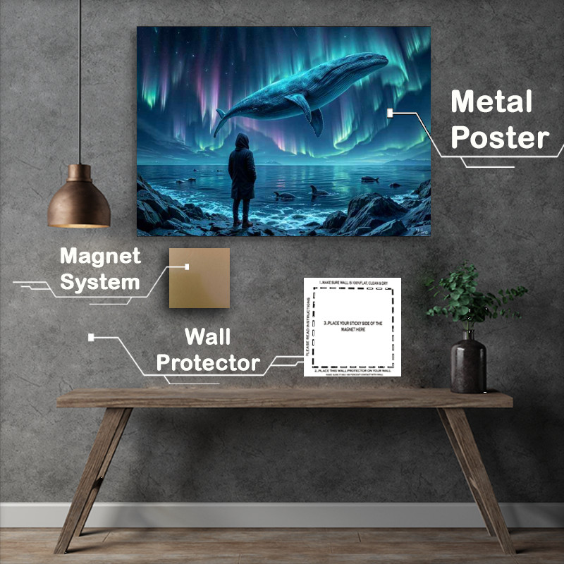 Buy Metal Poster : (Large whale swimming through the night aurua)