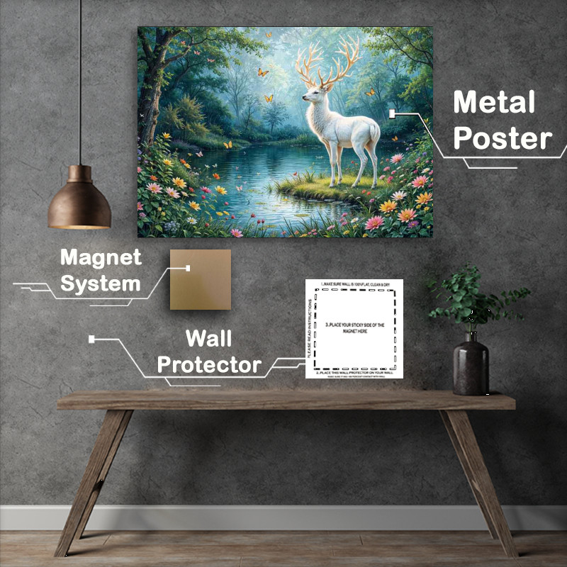 Buy Metal Poster : (Magical white deer in the woodlands)