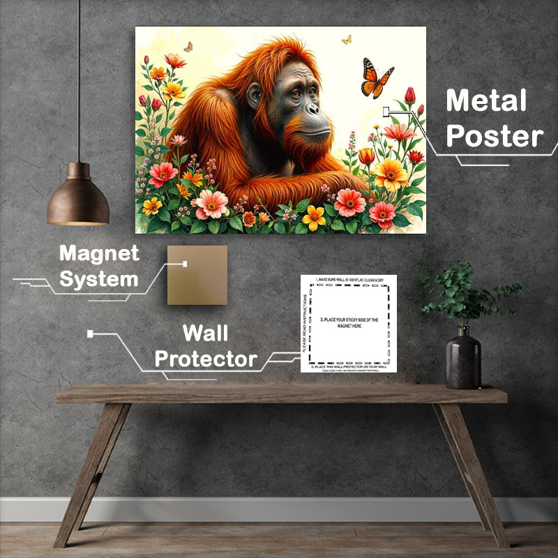 Buy Metal Poster : (Orangatang surrounded by flowers)