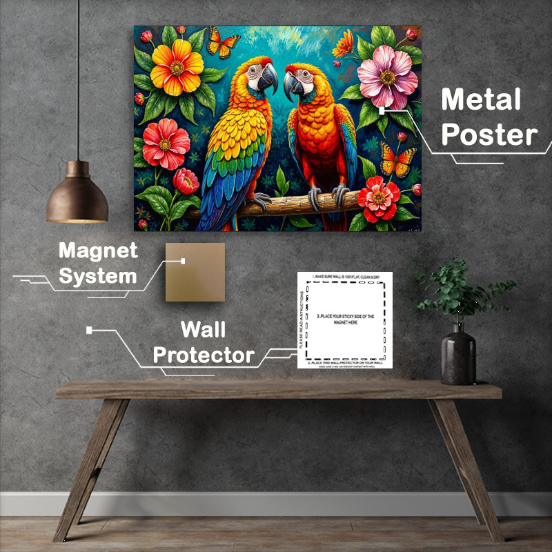 Buy Metal Poster : (Parrotts surrounded by flowers)