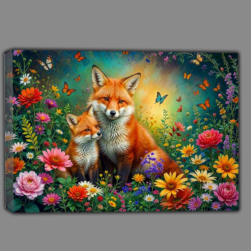 Buy Canvas : (Red Fox and the cub surrounded by flowers)