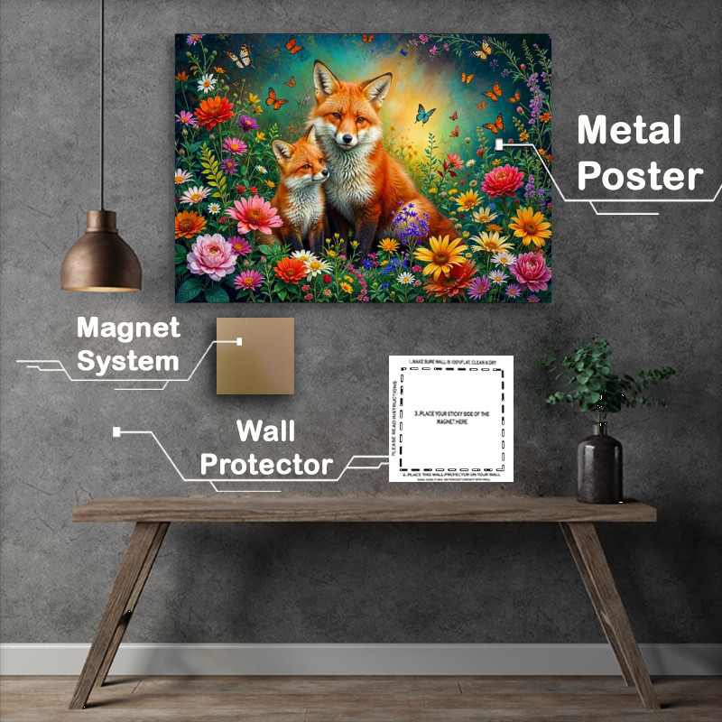 Buy Metal Poster : (Red Fox and the cub surrounded by flowers)