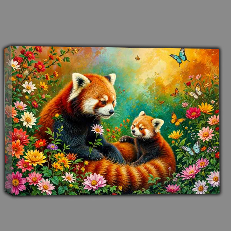 Buy Canvas : (Red Panda and the cub surrounded by flowers)