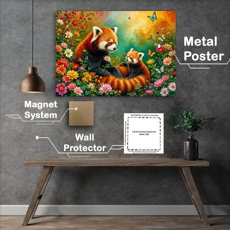 Buy Metal Poster : (Red Panda and the cub surrounded by flowers)