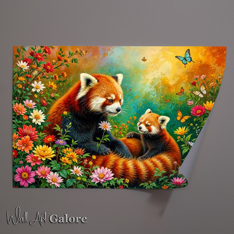 Buy Unframed Poster : (Red Panda and the cub surrounded by flowers)