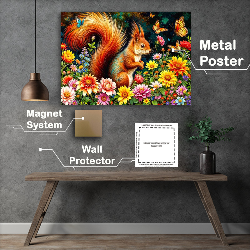 Buy Metal Poster : (Red Squirrel surrounded by flowers)
