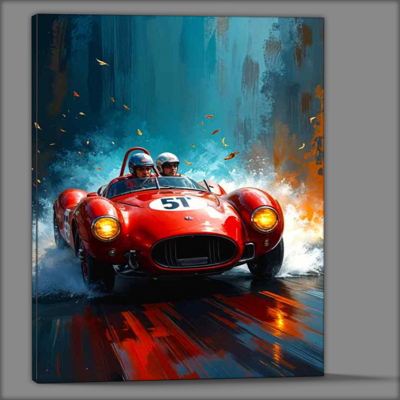 Buy Canvas : (Manuel fangio racing in the rain ferrari style car)