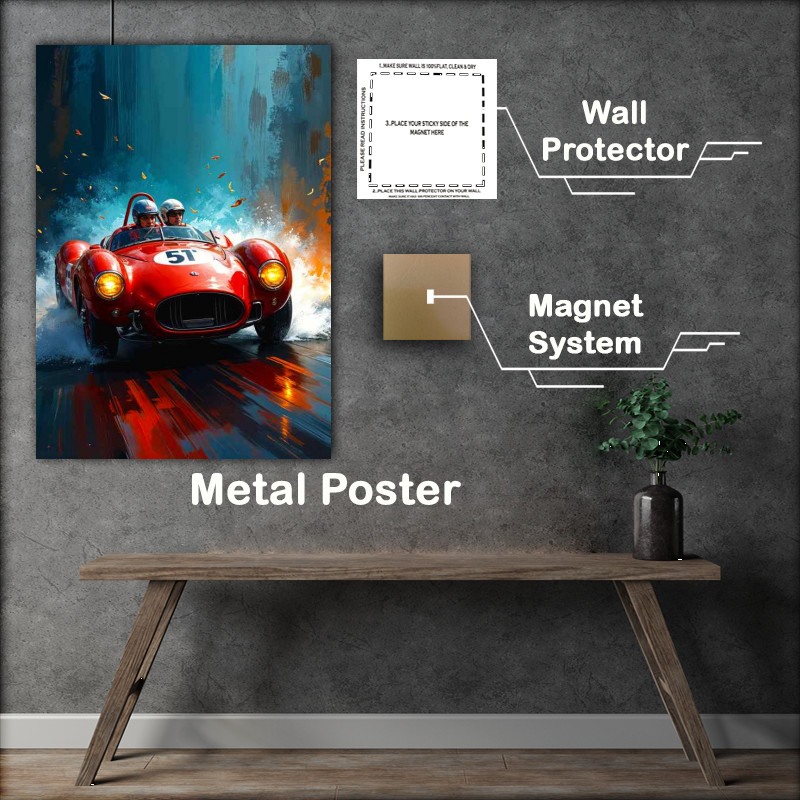 Buy Metal Poster : (Manuel fangio racing in the rain ferrari style car)