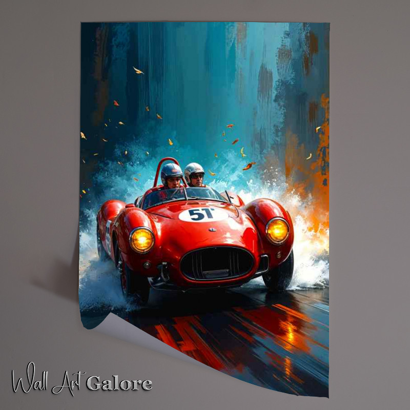 Buy Unframed Poster : (Manuel fangio racing in the rain ferrari style car)