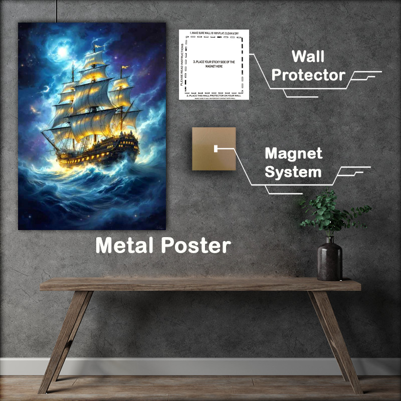 Buy Metal Poster : (Glowing sailing ship on the rough sea)