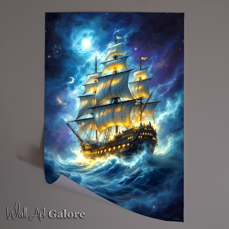 Buy Unframed Poster : (Glowing sailing ship on the rough sea)