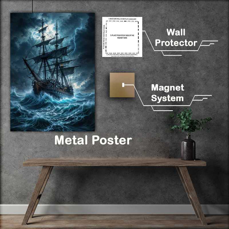 Buy Metal Poster : (Old saling war ship at sea)