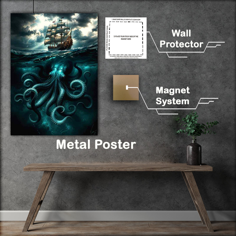 Buy Metal Poster : (Sailing ship and octopus in the rough sea)