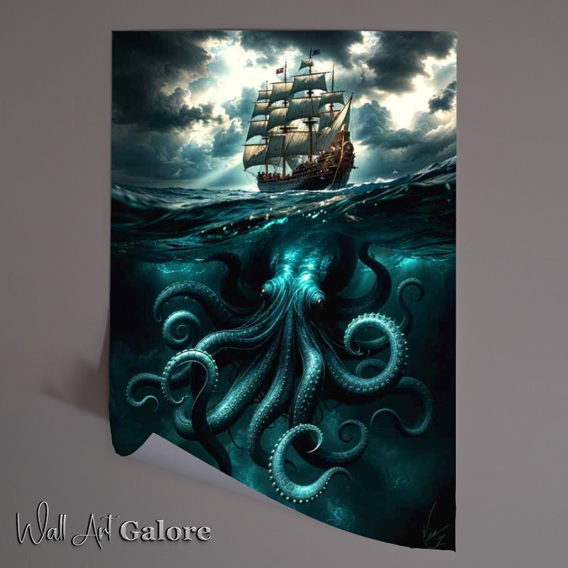 Buy Unframed Poster : (Sailing ship and octopus in the rough sea)