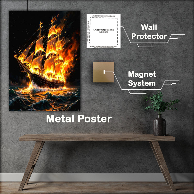 Buy Metal Poster : (Ship ghostly on fire sailing thought the sea)