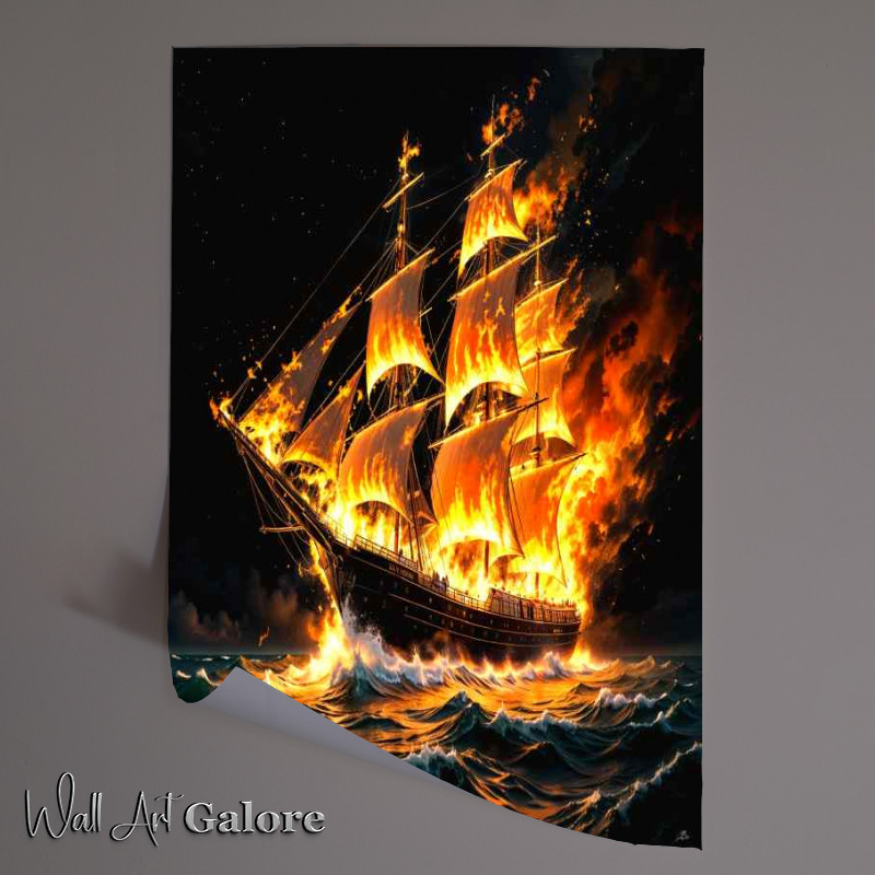 Buy Unframed Poster : (Ship ghostly on fire sailing thought the sea)