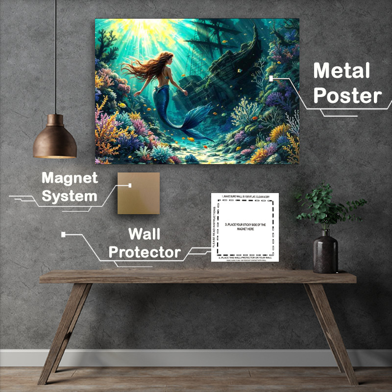 Buy Metal Poster : (Mairmaid in the aquatic blue sea)