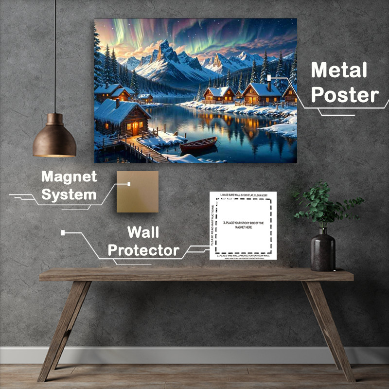 Buy Metal Poster : (Log cabins by the snowy lake and mountains)