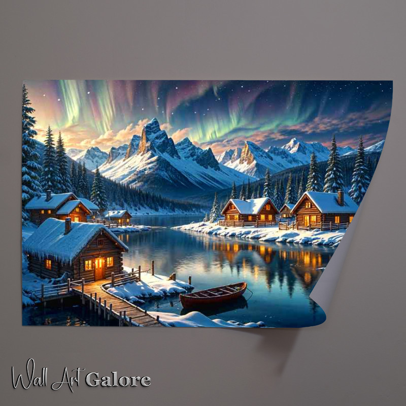 Buy Unframed Poster : (Log cabins by the snowy lake and mountains)