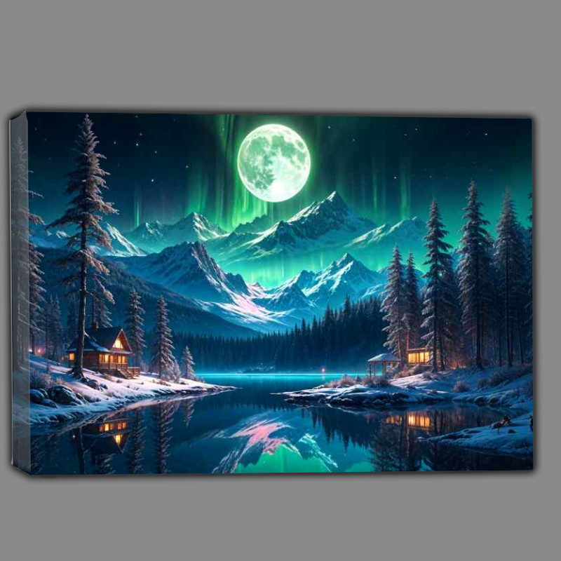 Buy Canvas : (Moonlit forest with log cabins)