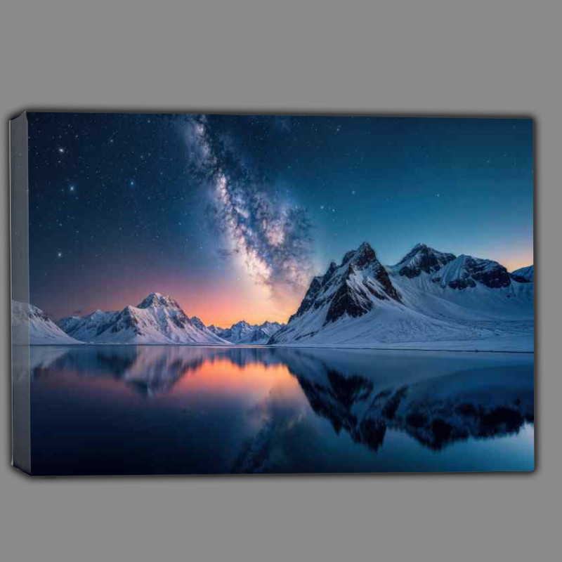 Buy Canvas : (Snowy mountains reflected in a calm lake)