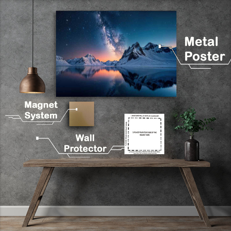 Buy Metal Poster : (Snowy mountains reflected in a calm lake)