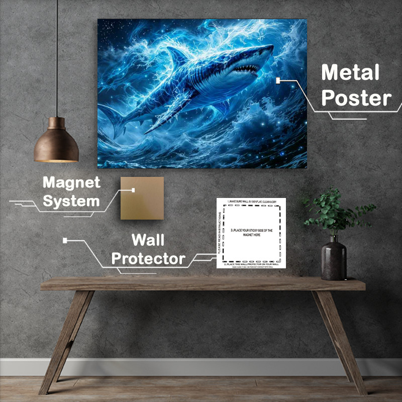 Buy Metal Poster : (Great white shark crashing waves)