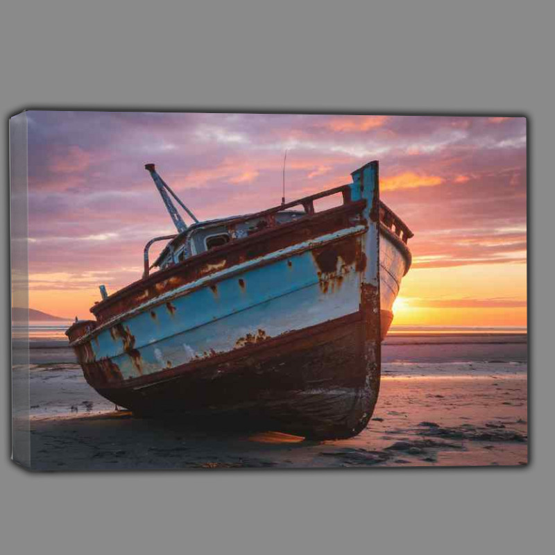 Buy Canvas : (Rusted boat stranded on a sandy shore)