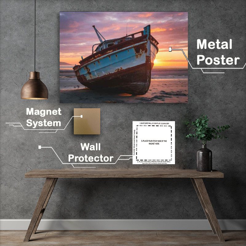 Buy Metal Poster : (Rusted boat stranded on a sandy shore)