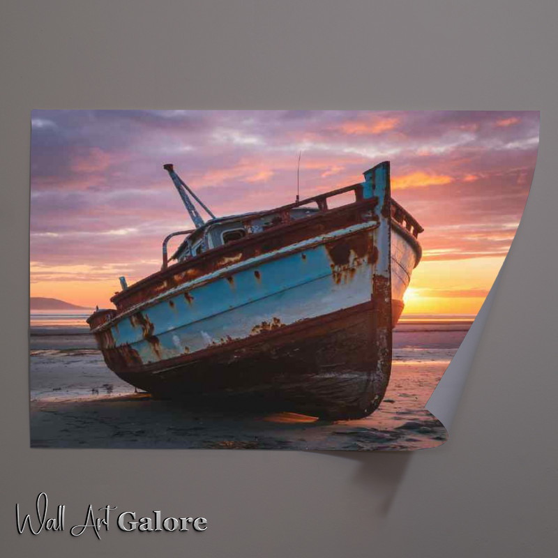Buy Unframed Poster : (Rusted boat stranded on a sandy shore)